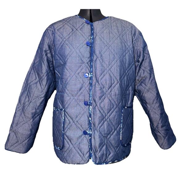 NWT Frnch Small Reversible Quilt Blue Jacket Patchwork Button Pocket Chore Coat - Picture 3 of 12